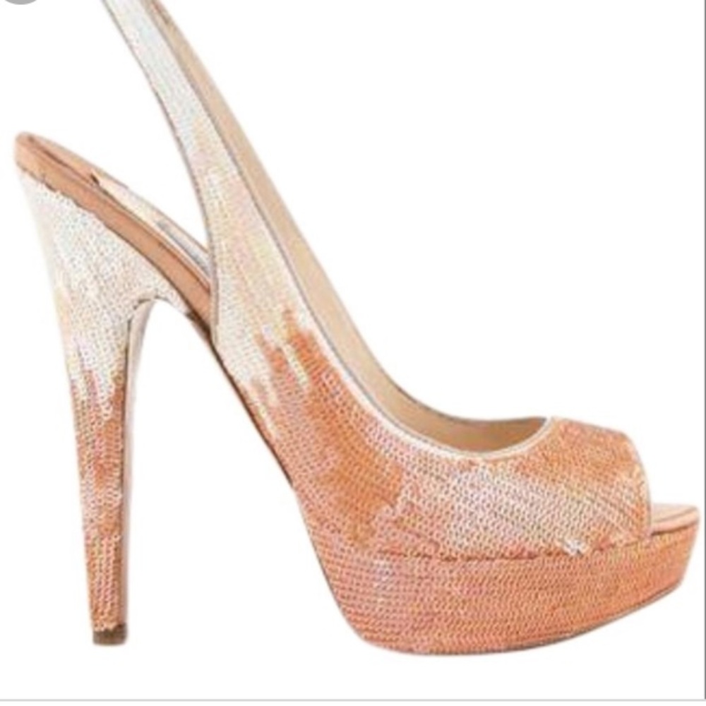 Prada sequin nude platform open toe sling backs.